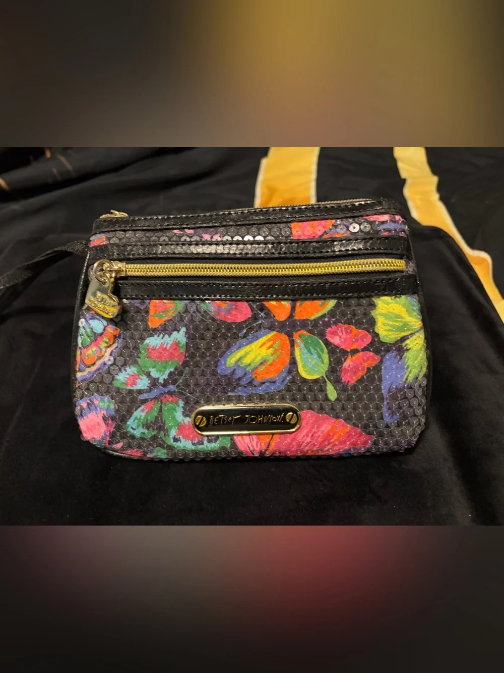 Betsey Johnson Black Multi Floral Sequin Wristlet